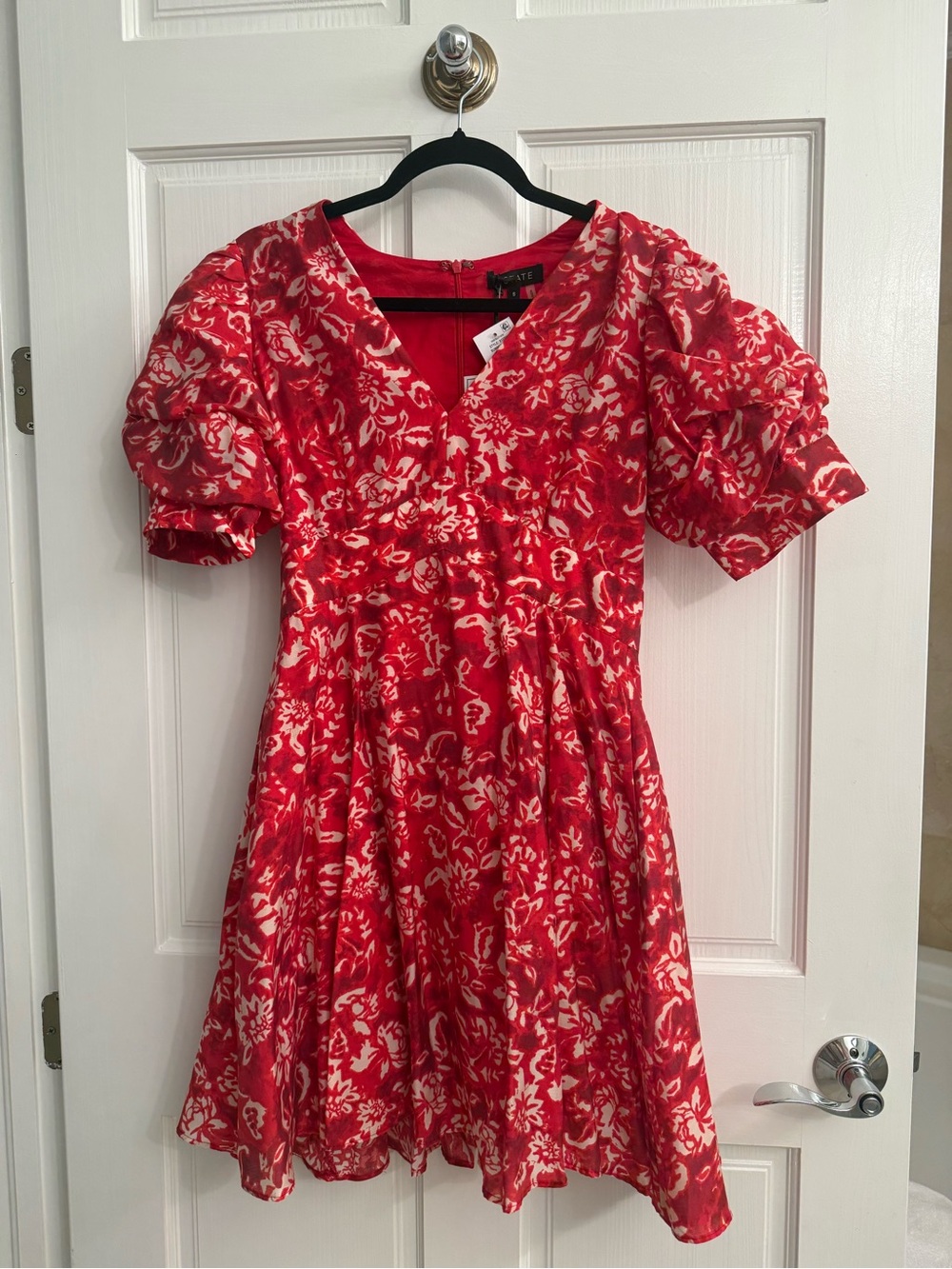 1. State Red and Cream Floral Puff-Sleeve Fit-and-Flare Dress